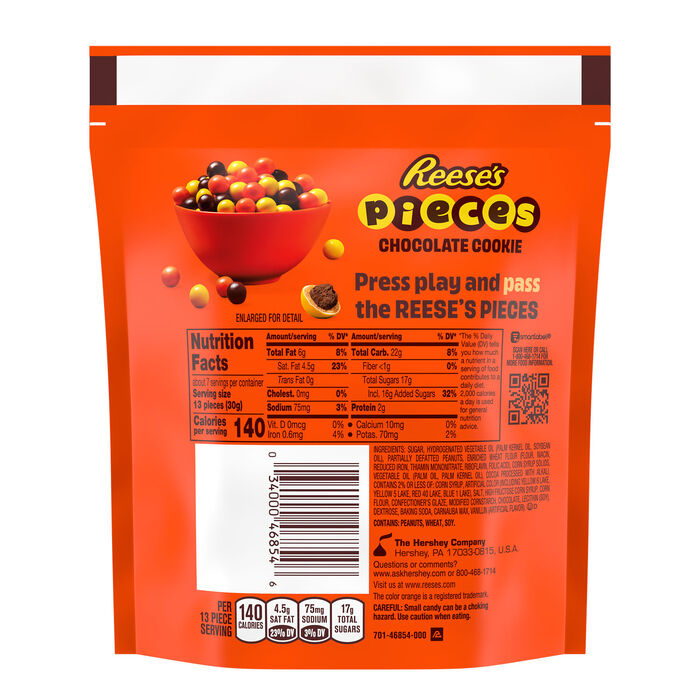 Image of REESE'S PIECES Chocolate Cookie and Peanut Butter in a Crunchy Shell Candy Bag, 7.6 oz Packaging