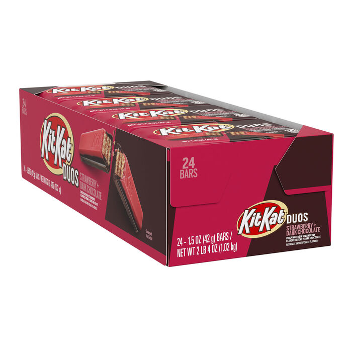Image of KIT KAT® DUOS Dark Chocolate and Strawberry Creme Wafer Candy Bars, 1.5 oz (24 Count) Packaging