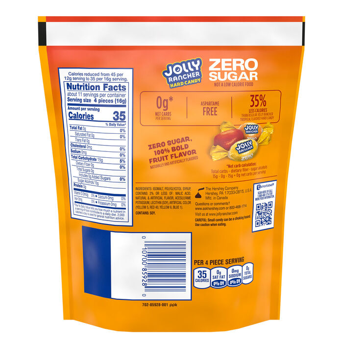 Image of JOLLY RANCHER Zero Sugar Tropical Fruit Flavored Hard Candy Bag, 6.1 oz Packaging