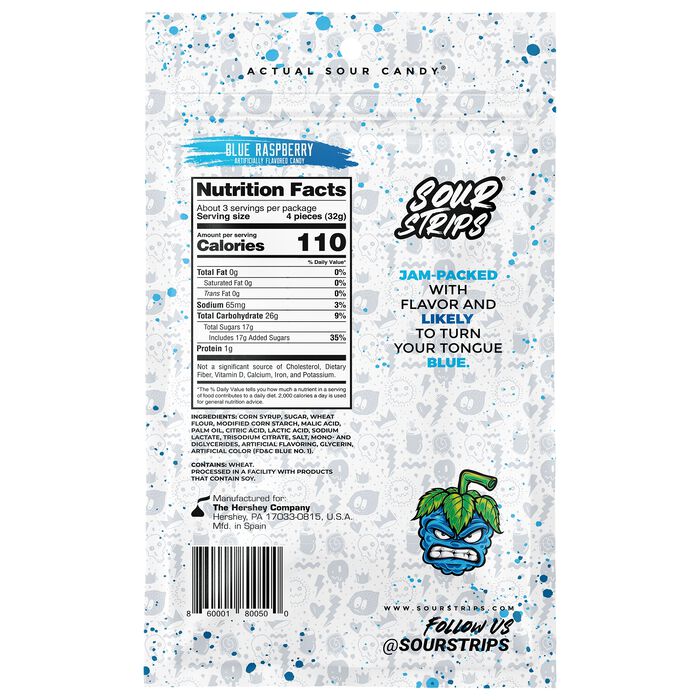 Image of Sour Strips Blue Raspberry Candy Peg Bag, 3.4oz Packaging