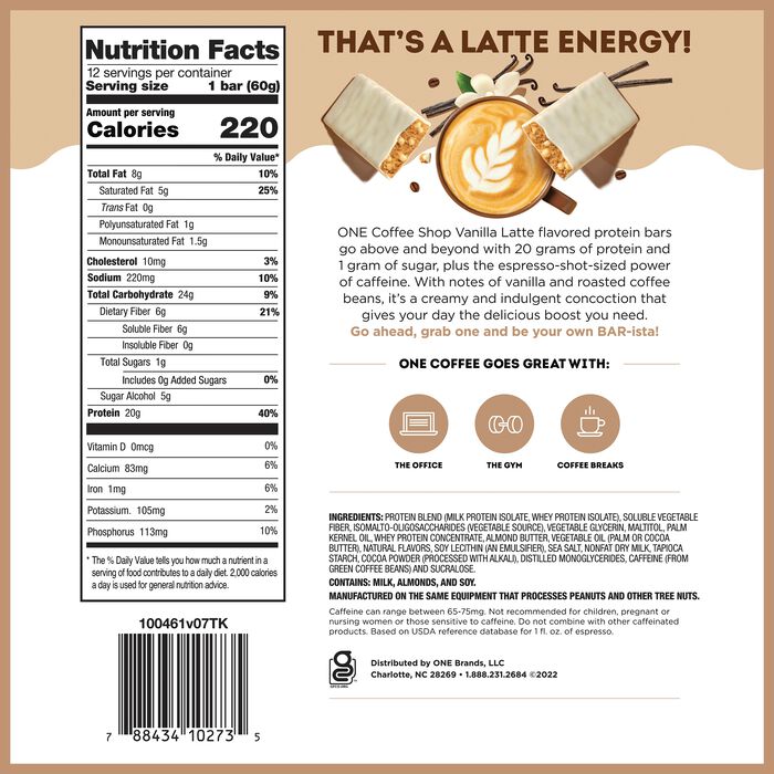 Image of ONE Coffee Shop Vanilla Latte Flavored Caffeinated Protein Bars, 2.12 oz (12 Count) Packaging
