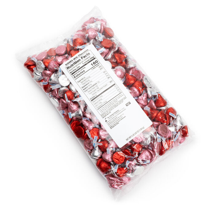 Image of HERSHEY'S KISSES Milk Chocolates in Valentine Red, Pink & Silver Foils - 66.7oz Candy Bag Packaging