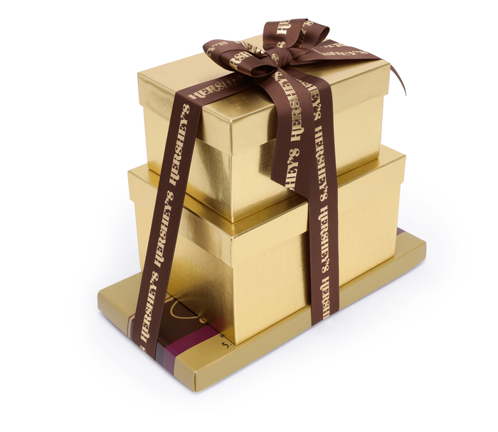 Image of HERSHEY'S Golden 3-Box Gift Tower Featuring Dark Chocolate Golden Almond 66 oz. Packaging