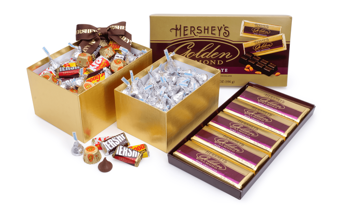 Image of HERSHEY'S Golden 3-Box Gift Tower Featuring Dark Chocolate Golden Almond 66 oz. Packaging