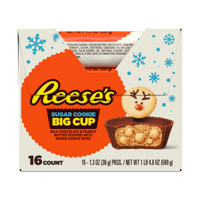 Image of REESE'S Big Cup Sugar Cookie Milk Chocolate Peanut Butter Cups, Christmas Candy Packs, 1.3 oz (16 Count) Packaging