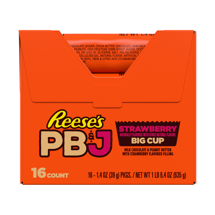 Image of REESE'S Big Cup PB&J Strawberry Milk Chocolate Peanut Butter Cups Candy Packs, 1.4 oz (16 Count) Packaging