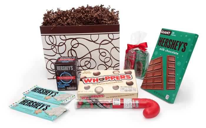 Image of Holiday HERSHEY'S Milk and Dark Chocolate Assorted Mix Gift Basket Packaging
