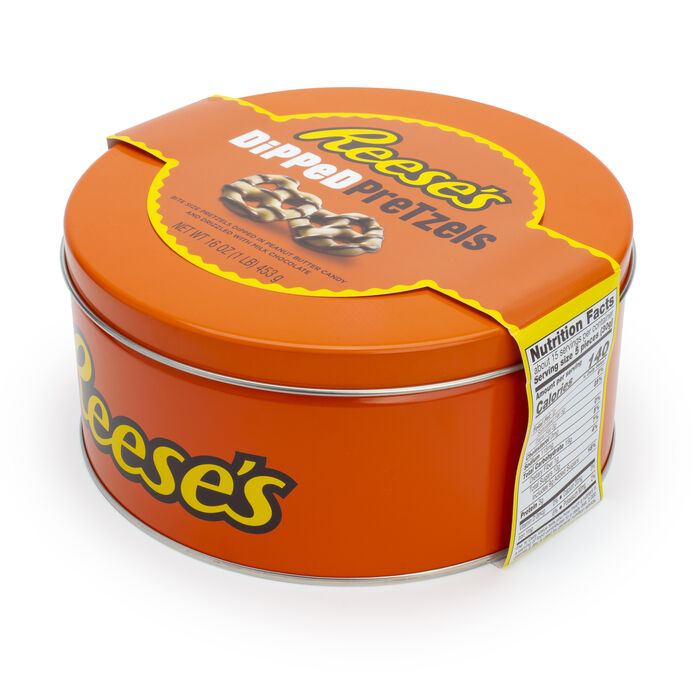 Image of Reese's Milk Chocolate Peanut Butter Dipped Pretzels 16oz Candy Tin Packaging