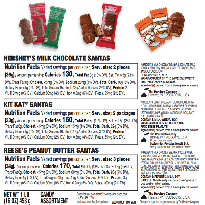 Image of HERSHEY'S Assorted Snack Size Santas Filled Santa Shaped Holiday Gift Box, 1 lb Packaging