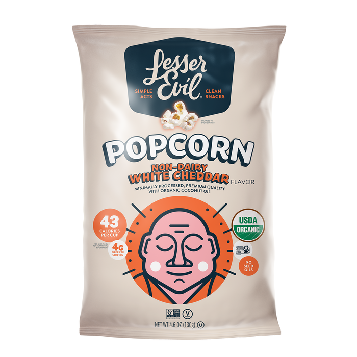 Image of LesserEvil Non-Dairy White Cheddar Popcorn 4.6oz Packaging