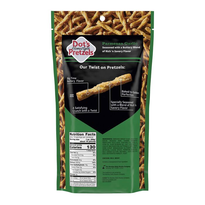 Image of DOT'S HOMESTYLE PRETZELS Parmesan Garlic Seasoned Pretzel Twists, 16oz bag Packaging