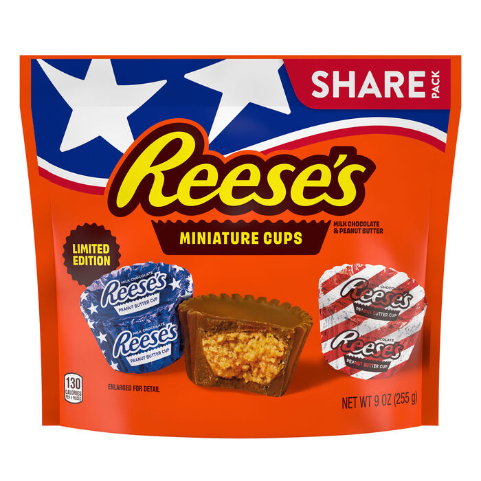 Image of REESE'S Miniatures Red White and Blue Foils, Milk Chocolate Peanut Butter Cups Candy Share Pack, 9 oz Packaging