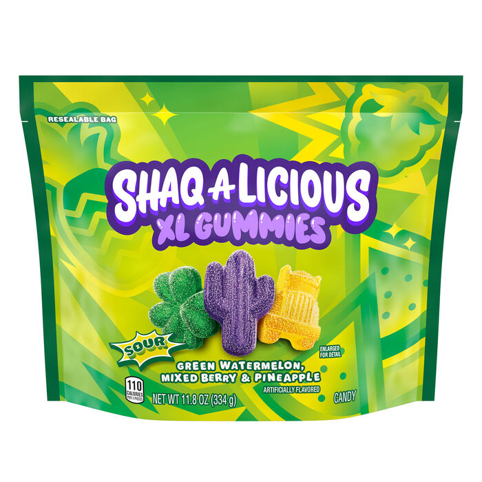 Image of SHAQ-A-LICIOUS XL GUMMIES Sour Chewy Candy Bag, 11.8 oz Packaging