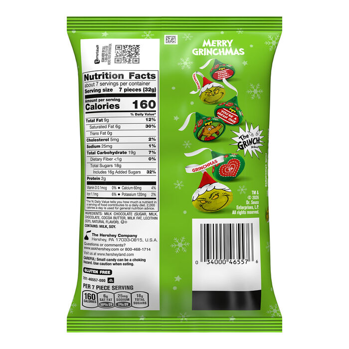 Image of HERSHEY'S KISSES Grinch Milk Chocolate, Christmas , Candy Bag, 8.4 oz Packaging