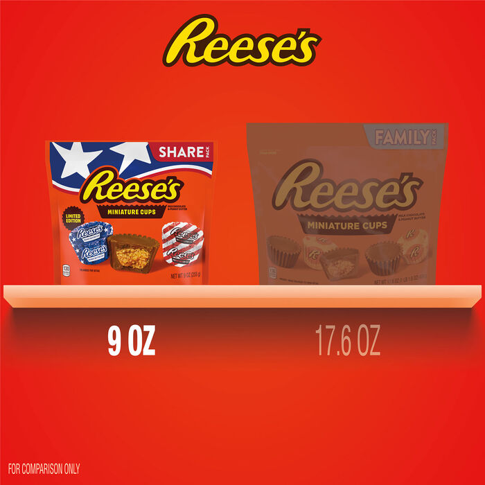 Image of REESE'S Miniatures Red White and Blue Foils, Milk Chocolate Peanut Butter Cups Candy Share Pack, 9 oz Packaging