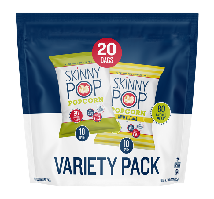 Image of SKINNYPOP Variety Pack Original and White Cheddar Popped Popcorn Bags, 0.5 oz (20 Count) Packaging