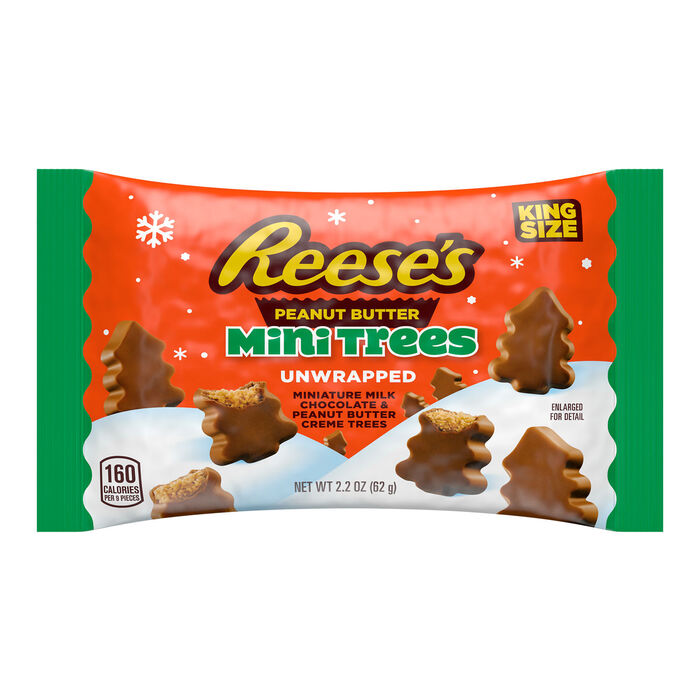 Image of REESE'S Unwrapped Milk Chocolate Peanut Butter Creme Mini Trees, King Size Christmas Candy Bags, 2.2 oz (16 Count) Packaging