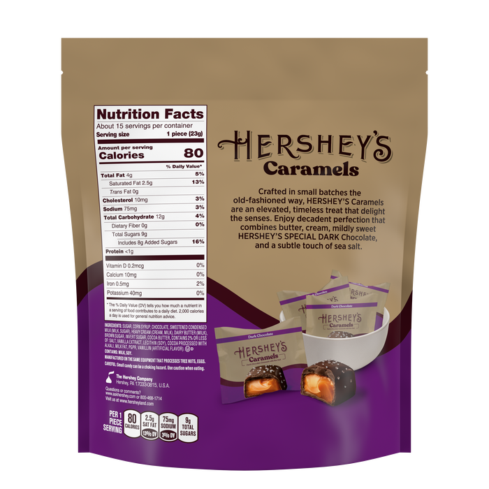Image of HERSHEY'S Dark Chocolate Caramels with Sea Salt Pouch, 12 oz Packaging
