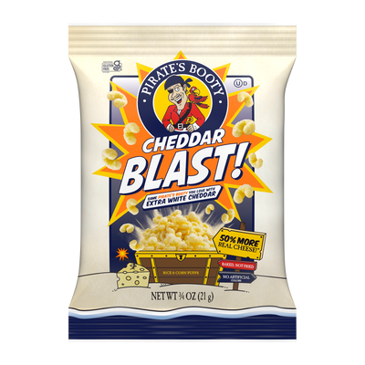 Image of PIRATE'S BOOTY Cheddar Blast Extra White Cheddar Rice & Corn Puffs, .75oz Bag Packaging
