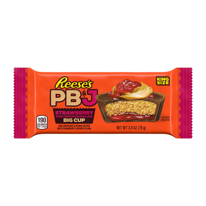 Image of REESE'S Big Cup PB&J Strawberry Milk Chocolate King Size Peanut Butter Cups Candy Pack, 2.8 oz (16 Count) Packaging