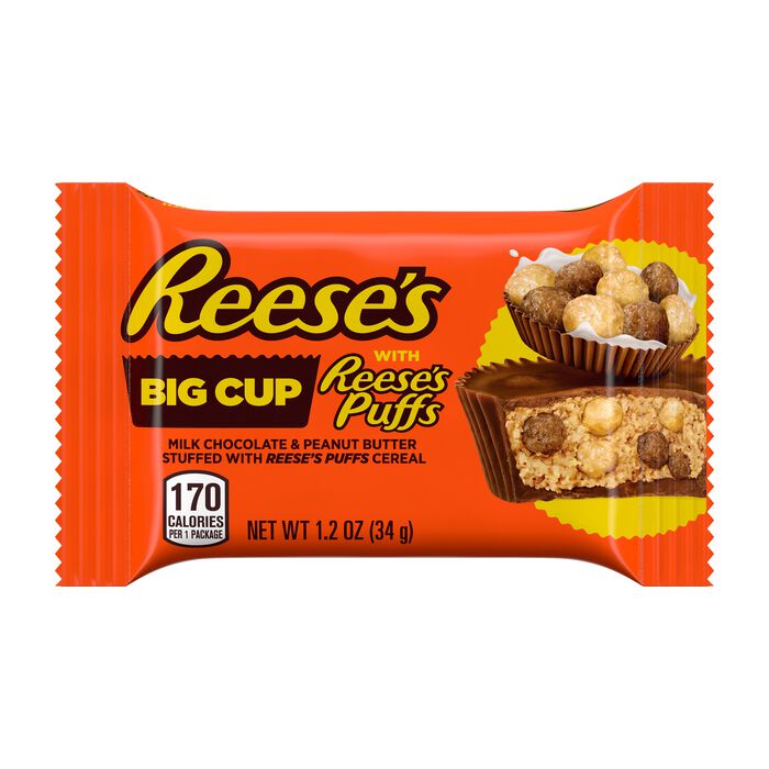 Image of REESE'S Big Cup Milk Chocolate Peanut Butter Cups with REESE'S PUFFS Cereal Candy Packs, 1.2 oz (16 Count) Packaging