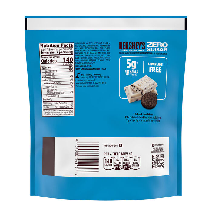 Image of HERSHEY'S Zero Sugar Cookies 'n' Creme Candy Bag, 5.1 oz Packaging