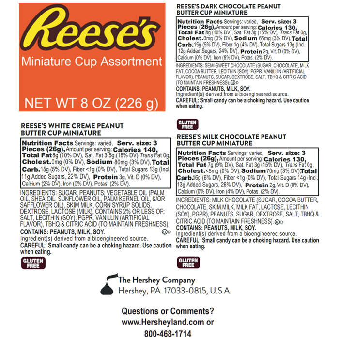 Image of REESE'S Milk Chocolate, Dark Chocolate, White Crème Miniatures Assortment-Filled Tube, 8 oz Packaging