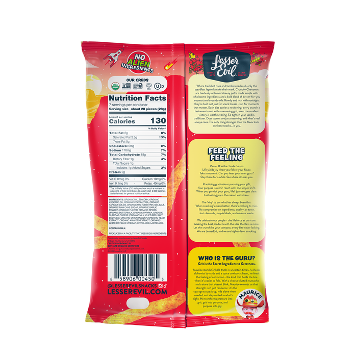 Image of LesserEvil Hot Cheddar Cheezmos 7oz Packaging