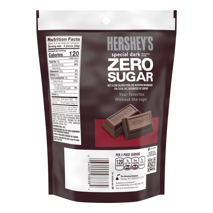 Image of HERSHEY'S SPECIAL DARK Zero Sugar Chocolate Candy Bar, 5.1 oz bag Packaging