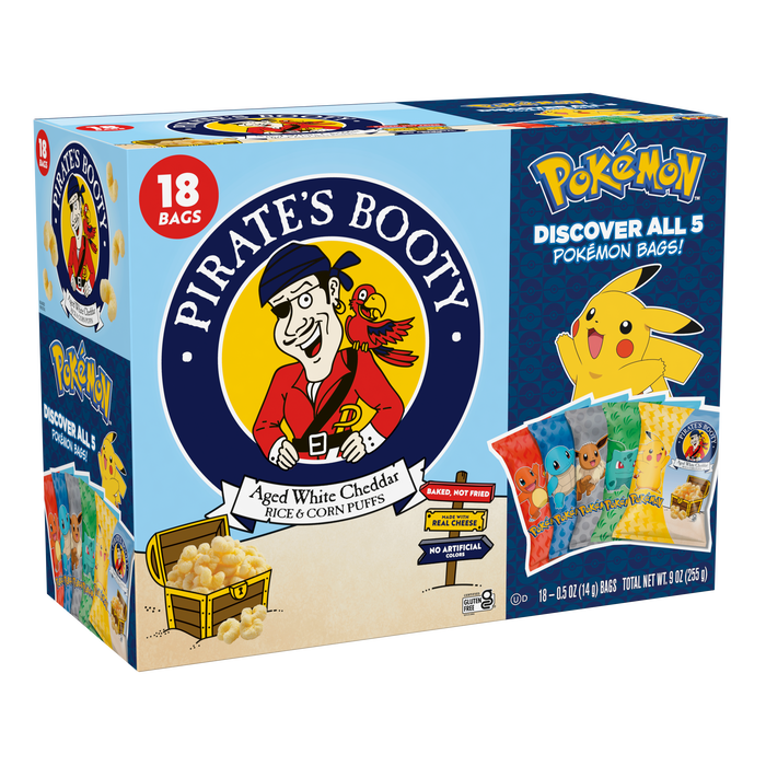 Image of PIRATE'S BOOTY Pokémon Aged White Cheddar Rice & Corn Puffs, 0.5 oz Bags (18 Count) Packaging