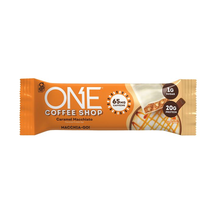 Image of ONE Coffee Shop Caramel Macchiato Flavored Caffeinated Protein Bars, 2.12 oz (12 Count) Packaging