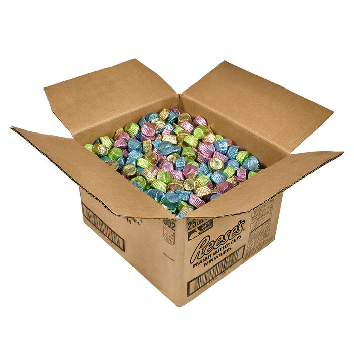 Image of REESE'S Peanut Butter Cup Miniatures in Springtime Pastel Foils – 25lb. Candy Box Packaging
