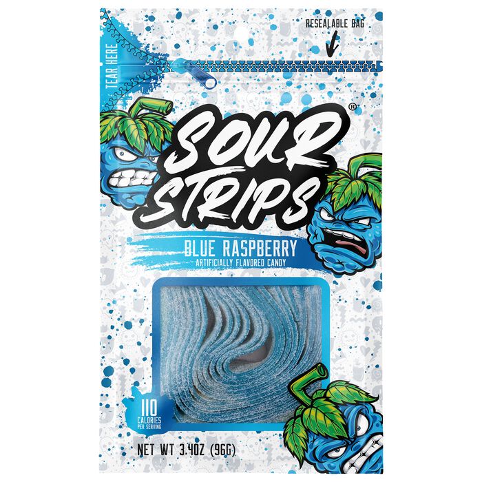 Image of Sour Strips Blue Raspberry Candy Peg Bag, 3.4oz Packaging