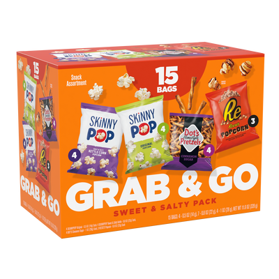 SKINNYPOP Original and SKINNYPOP Sweet and Salty Popcorn, DOT’S Cinnamon Sugar Pretzels, and REESE’S Peanut Butter Popcorn 15-count Multipack Box