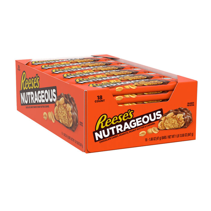 Image of REESE'S NUTRAGEOUS Chocolate, Peanut Butter, Caramel and Peanut Candy Bars, 1.66 oz (18 Count) Packaging