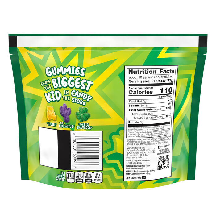 Image of SHAQ-A-LICIOUS XL GUMMIES Sour Chewy Candy Bag, 11.8 oz Packaging