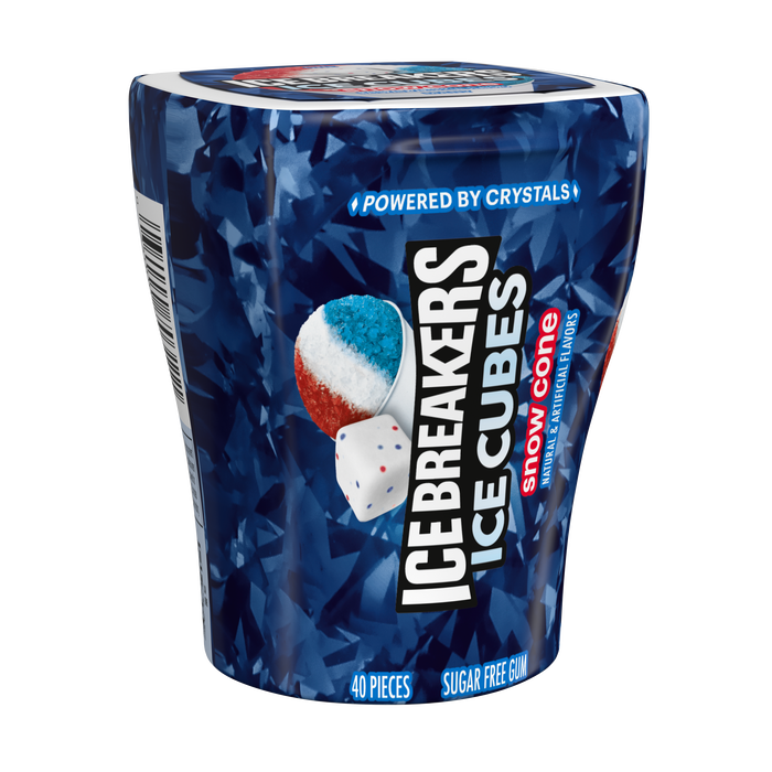 Image of ICE BREAKERS Ice Cubes Snow Cone Flavored Sugar Free Chewing Gum Bottle, 3.24 oz (6 Count) Packaging