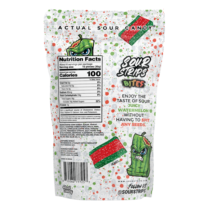 Image of SOUR STRIPS Bites Watermelon Flavored Chewy Candy Bag, 6.35 oz Packaging