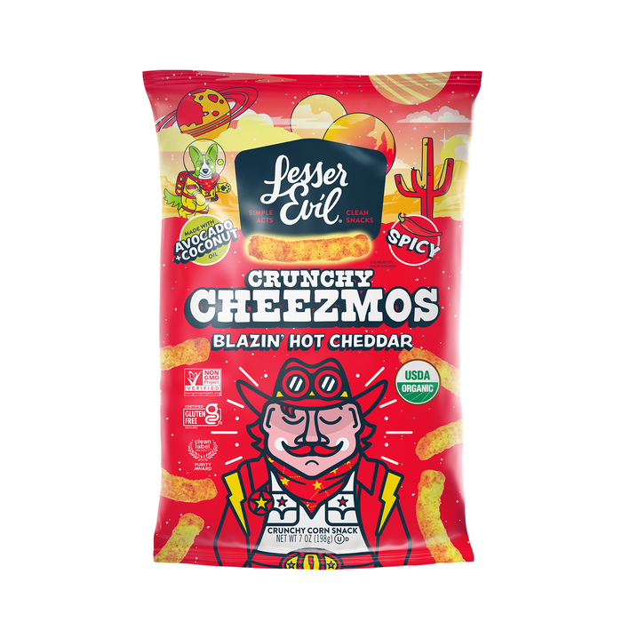 Image of LesserEvil Hot Cheddar Cheezmos 7oz Packaging