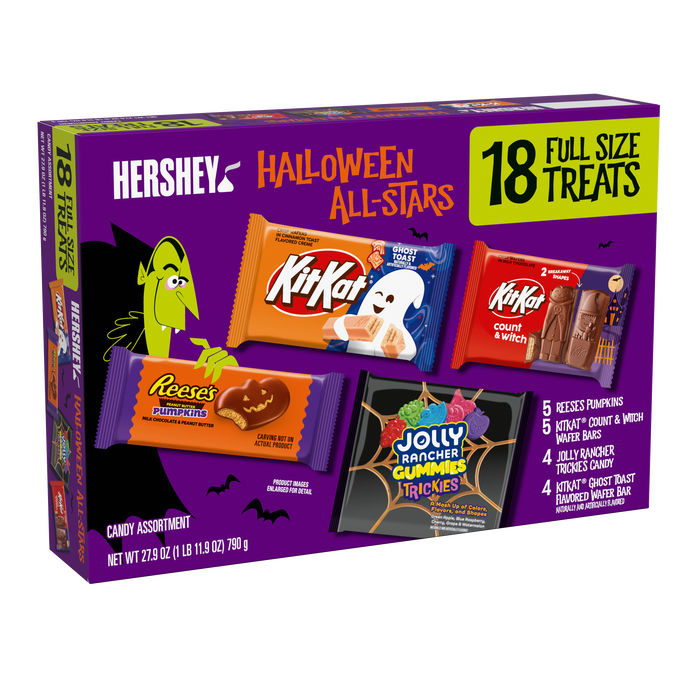 Image of REESE&rsquo;S, KIT KAT&reg; and JOLLY RANCHER Assorted, Halloween Candy Bulk Box, 27.9 oz (18 Pieces) Packaging