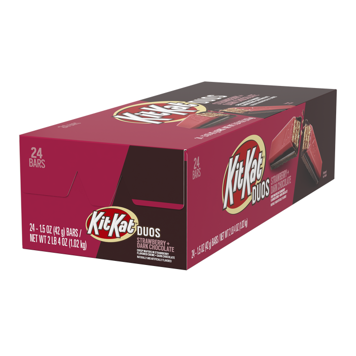 Image of KIT KAT DUOS Strawberry + Dark Chocolate Standard Bar 1.5 oz. Packaging