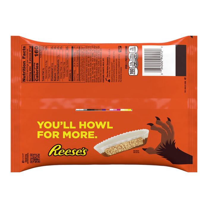 Image of REESE'S Werewolf Tracks Milk Chocolate and Vanilla Flavored Creme Snack Size Peanut Butter Cups, Halloween Candy Bag, 9.35 oz Packaging