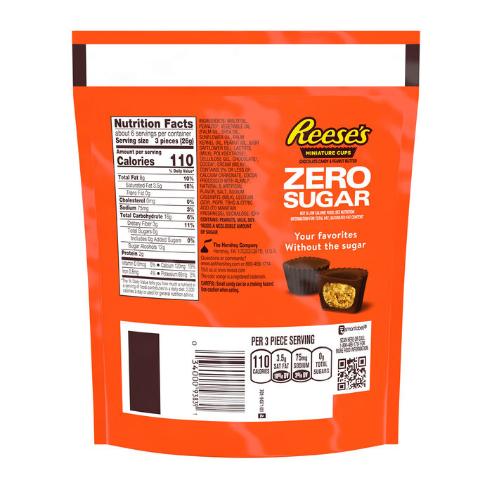 Image of REESE'S Zero Sugar Miniatures Chocolate Peanut Butter Cups Candy Bag, 5.1 oz Packaging