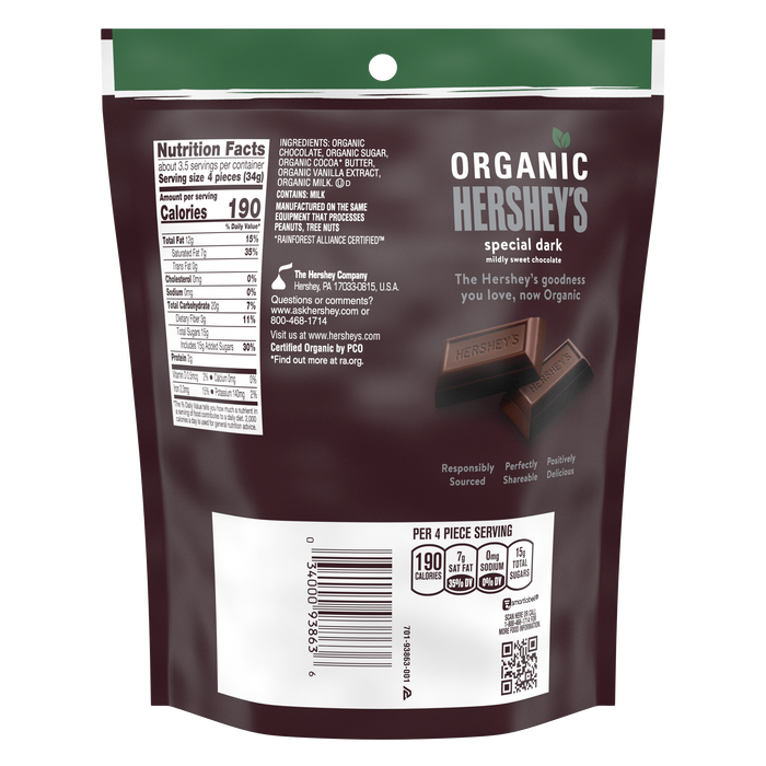 Image of HERSHEY'S SPECIAL DARK Organic Miniatures Chocolate Candy Bars, 4.2 oz. bag Packaging