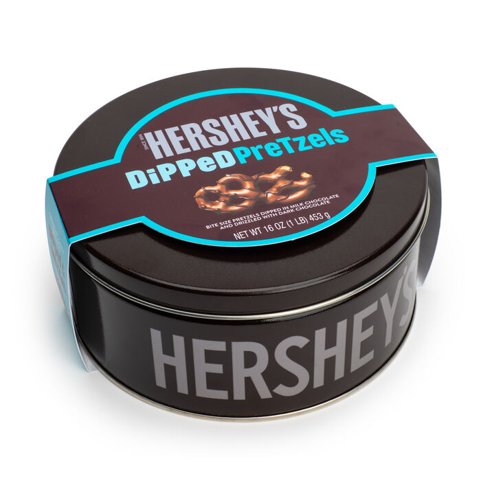 Image of HERSHEY'S Milk Chocolate Dipped Pretzels 16oz Candy Tin Packaging