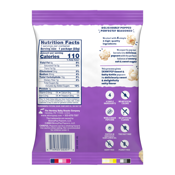 Image of SKINNYPOP&nbsp;Sweet & Salty Kettle Corn Popcorn, .8oz bag Packaging