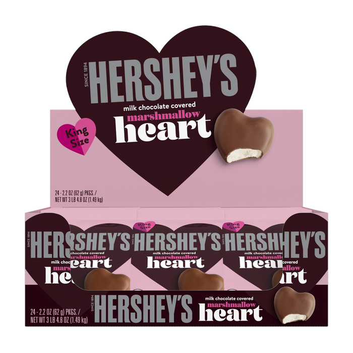 Image of HERSHEY'S Milk Chocolate Covered Marshmallow Heart, Valentine's Day Candy Pack, 2.2 oz (24 Count) Packaging