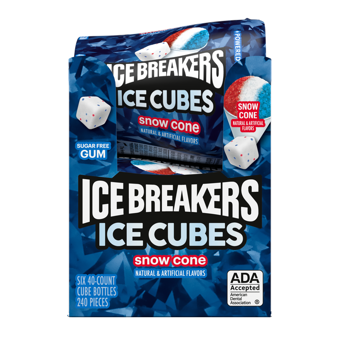 Image of ICE BREAKERS Ice Cubes Snow Cone Flavored Sugar Free Chewing Gum Bottle, 3.24 oz (6 Count) Packaging