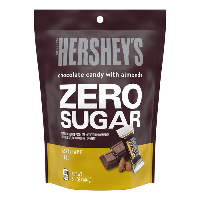 Image of HERSHEY'S Zero Sugar Chocolate Candy Bars with Almonds, 5.1 oz bag Packaging