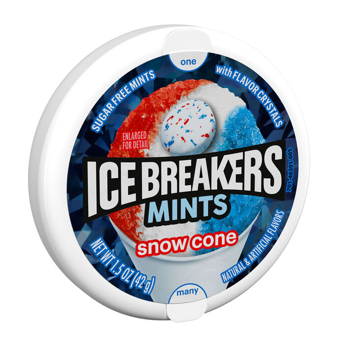 Image of ICE BREAKERS Snow Cone Flavored Sugar Free Mints Puck, 1.5 oz (8 Count) Packaging